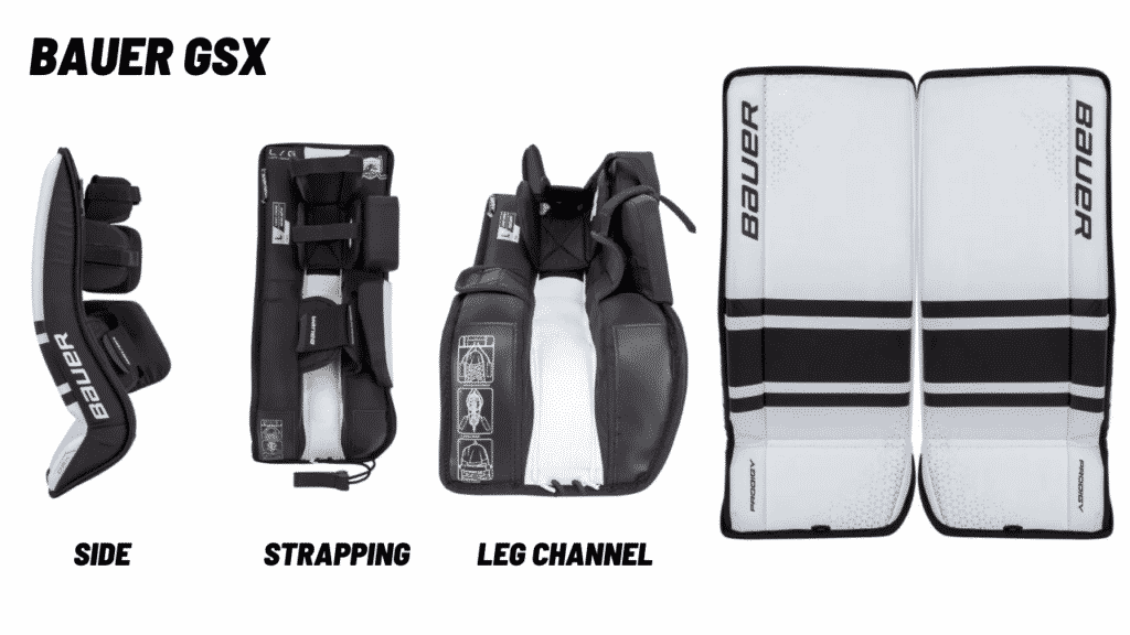 This photo shows the front face, leg channel, strapping, and side profile of the Bauer GSX Youth Goalie Pad.