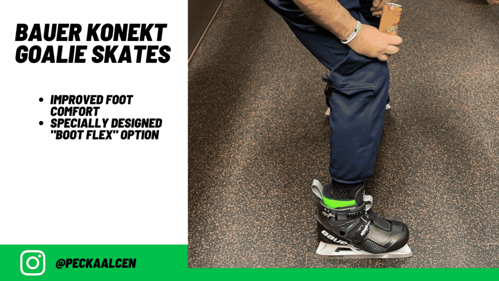 Photo showing our team trying on and wearing the Bauer Konekt Goalie Skates for the first time