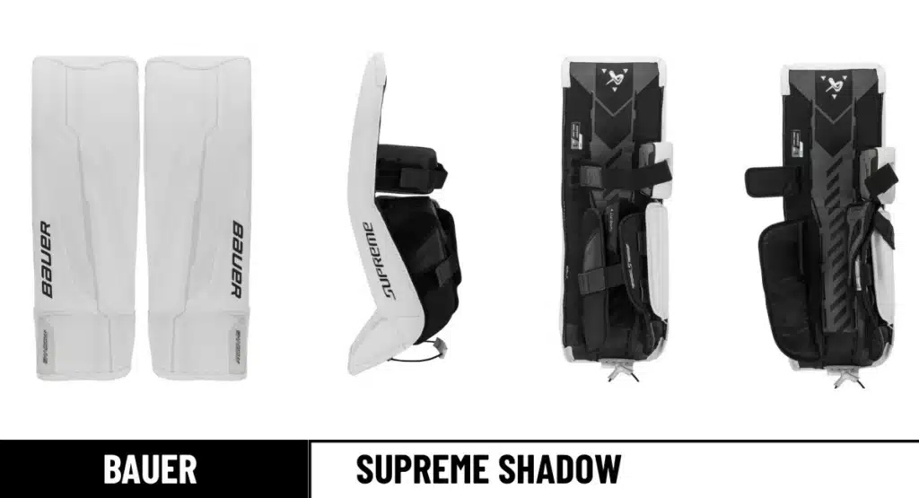 Bauer Supreme Shadow goalie pads front, leg channel open & closed, and side view_result