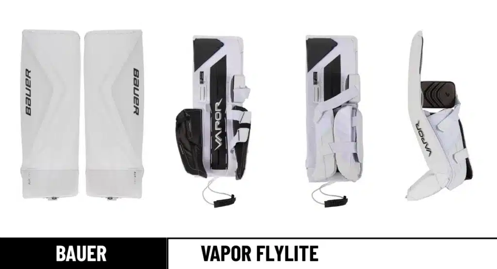 Bauer Vapor FlyLite goalie pads front, leg channel open & closed, and side view_result