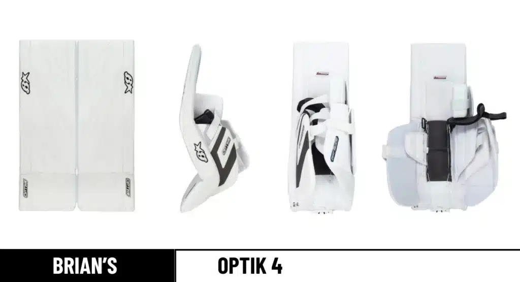 Brian's Optik 4 goalie pads front, leg channel open & closed, and side view_result