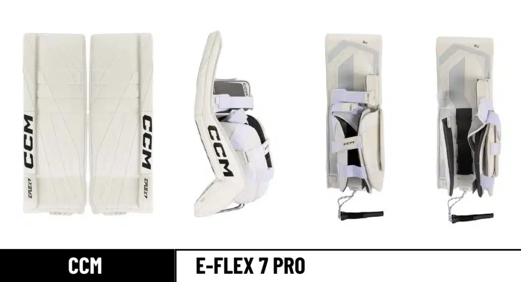 CCM EFlex 7 Pro goalie pads front, leg channel open & closed, and side view_result