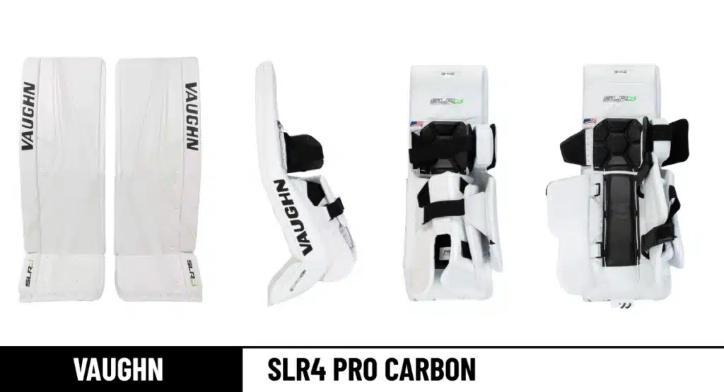 Vaughn SLR4 Pro Carbon goalie pads front, leg channel open & closed, and side view_result