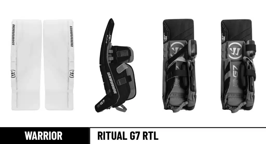 Warrior Ritual G7 RTL goalie pads front, leg channel open & closed, and side view_result
