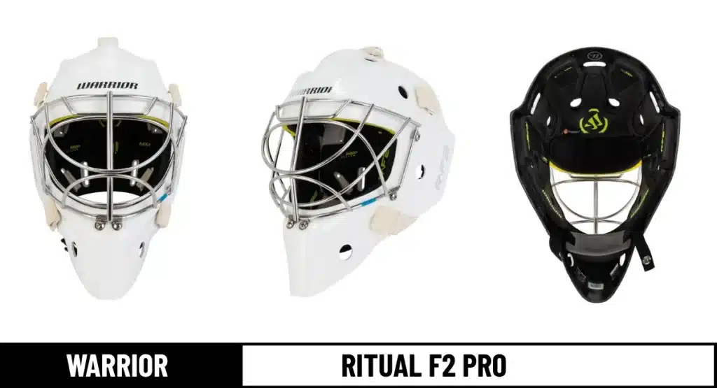 warrior ritual f2 pro goalie masks front, side and padding photos